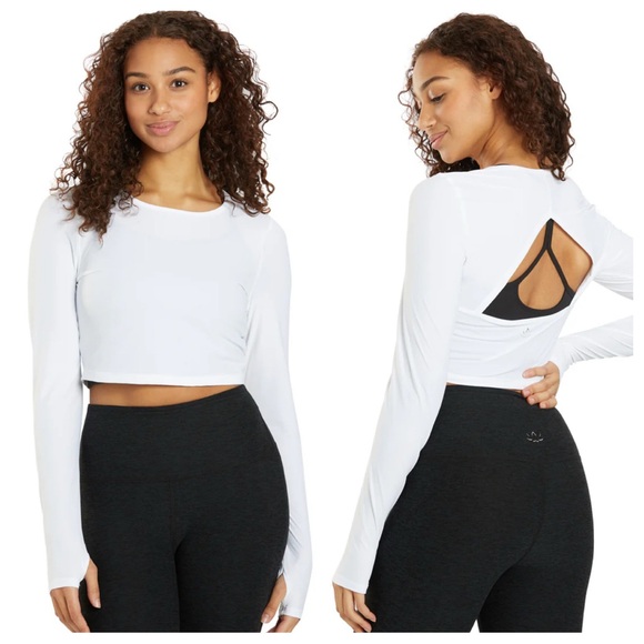 Beyond Yoga Performance Knit Resilient Cropped Long Sleeve Pullover in White - Picture 1 of 9